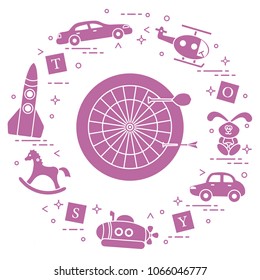 Kids toys: darts, helicopter, blocks, rabbit, bathyscaphe, rocking horse, rocket, cars. Design element for postcard, banner or print.