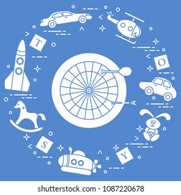 Kids toys: darts, helicopter, blocks, rabbit, bathyscaphe, rocking horse, rocket, cars. Design element for postcard, banner or print.