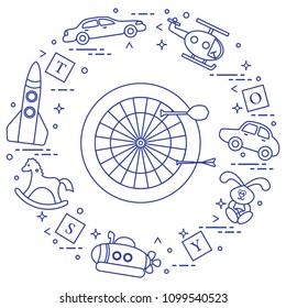 Kids toys: darts, helicopter, blocks, rabbit, bathyscaphe, rocking horse, rocket, cars. Design element for postcard, banner or print.