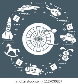 Kids toys: darts, helicopter, blocks, rabbit, bathyscaphe, rocking horse, rocket, cars. Design element for postcard, banner or print.