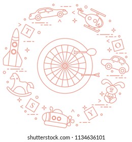Kids toys: darts, helicopter, blocks, rabbit, bathyscaphe, rocking horse, rocket, cars. Design element for postcard, banner or print.