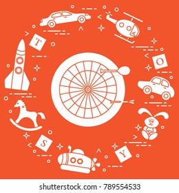 Kids toys: darts, helicopter, blocks, rabbit, bathyscaphe, rocking horse, rocket, cars. Design element for postcard, banner or print.