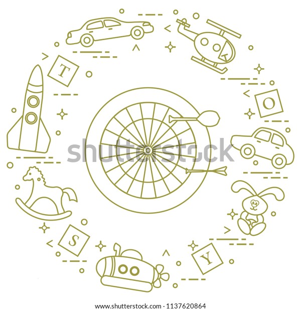 Kids toys: darts, helicopter, blocks, rabbit,
bathyscaphe, rocking horse, rocket, cars. Design element for
postcard, banner or
print.
