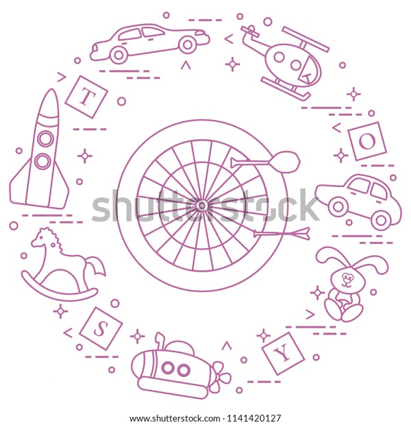 Kids toys: darts, helicopter, blocks, rabbit,\
bathyscaphe, rocking horse, rocket, cars. Design element for\
postcard, banner or\
print.
