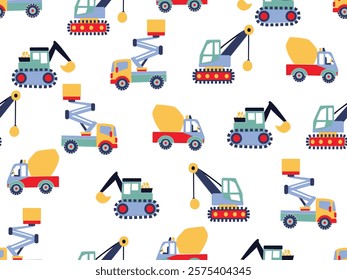 KIDS TOYS DOODLE HEAVY CONSTRUCTION EQUIPMENTS SEAMLESS PATTERN ALL OVER PRINT VECTOR ILLUSTRATION