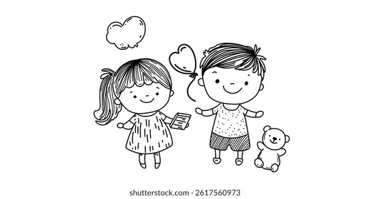 Kids with toys in doodle illustration