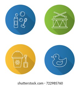 Kids toys flat linear long shadow icons set. Bubble blower, rubber duck, bucket and shovel, drum. Vector outline illustration