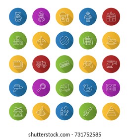 Kids toys flat linear long shadow icons set. Educational games. Children entertainment. Vector outline illustration
