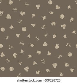Kids toys freehand drawings doodle seamless pattern. Hand drawn toys design elements background. Textile prints, covers, greeting cards. Bear, car, ball, whirlgig, nesting doll. Vector Illustration.