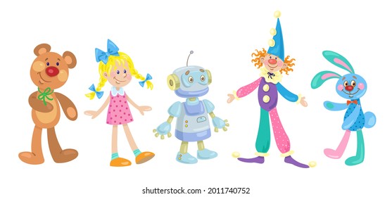 Kids toys. A funny clown, beautiful doll, teddy bear, cute rabbit and sad robot. In cartoon style. Isolated on white background. Vector illustration