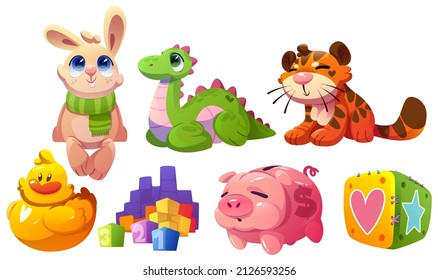 Kids toys funny plush soft tiger, bunny and dinosaur with piggy bank, constructor blocks, rubber duck and cube. Cute animals, stuffed dolls for child playing, isolated Cartoon vector illustration, set