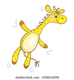 Kids toys. A funny toy yellow giraffe is flying. In cartoon style. Isolated on white background. Vector illustration.