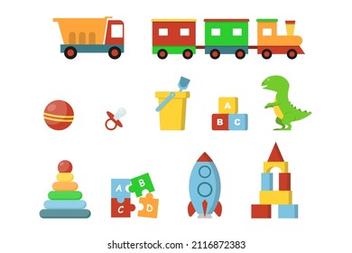 Kids toys. Game toy  dinosaur, rocket, childrens cubes, truck, train, ball. Vector cartoon design