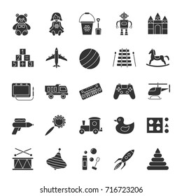 Kids toys glyph icons set. Educational games. Silhouette symbols. Children's entertainment. Vector isolated illustration