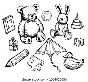 Kids toys. Hand drawn sketch converted to vector