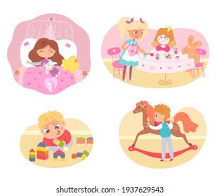 Kids with toys at home set. Little children playing games indoor vector illustration. Boy on floor with cubes building, with horse, girl in bed, having tea party at table with doll.