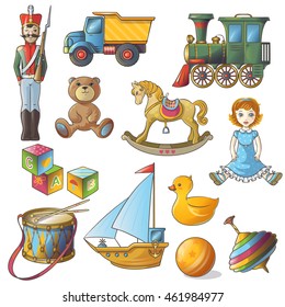 Kids toys icon set with isolated colored elements for little girls and boys vector illustration