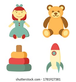 Kids toys icon set. Pyramid, doll, bear, rocket, children's toys flat vector illustration for your design.