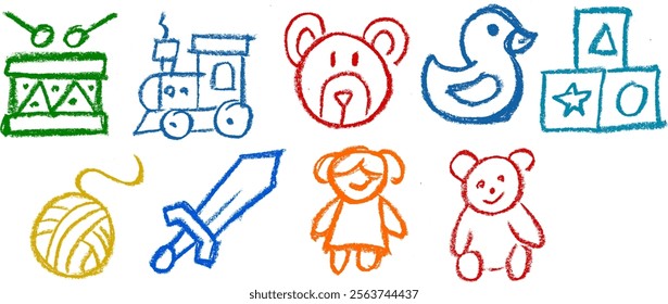 Kids Toys Icons Crayon Chalk Drawing Vector Set