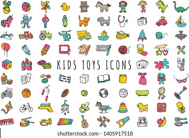 Kids Toys Icons - Hand Drawn Set of Toddler, Kids and Baby Clipart Illustrations