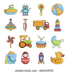 Kids toys icons set. Cartoon illustration of 16 kids toys vector icons for web