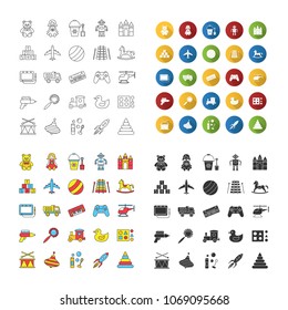 Kids toys icons set. Educational games. Children entertainment. Linear, flat design, color and glyph styles. isolated vector illustrations