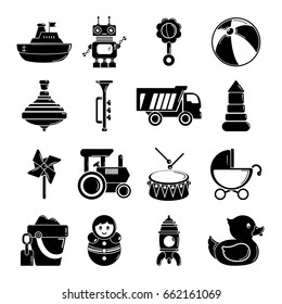 Kids toys icons set. Simple illustration of 16 kids toys vector icons for web