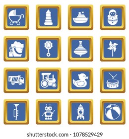 Kids toys icons set vector blue square isolated on white background 