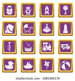 Kids toys icons set vector purple square isolated on white background 