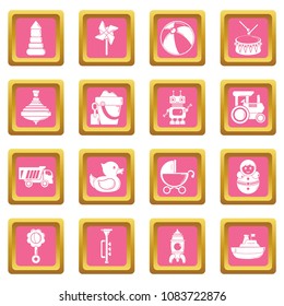 Kids toys icons set vector pink square isolated on white background 