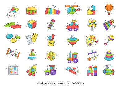 Kids toys isolated graphic elements set in flat design. Bundle of kite, drum, xylophone, helicopter, puzzles, balloon, constructor, ball, pencil, car, buttons, dominoes and other. Vector illustration.