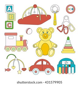 Kids toys isolated on white background vector icons - children's items including cubes, bear, playing mat, xylophone, train, car, pyramid, ball and beanbag.