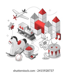 Kids toys - isometric black and red line illustration. Clean, stylish art with thin fine design. Childs favorite items - blocks, locomotive, airplane, teddy bear, drum, horse and other playthings
