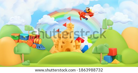 Kids toys landscape. 3d vector background. Plasticine art illustration