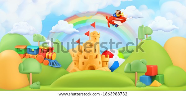 Kids toys landscape. 3d vector background. Plasticine art wallpaper illustration.