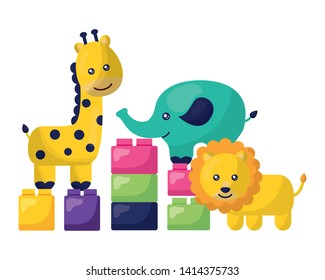 kids toys lion giraffe elephant blocks vector illustration