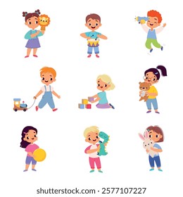 Kids Toys with Little Boy and Girl Playing Vector Set