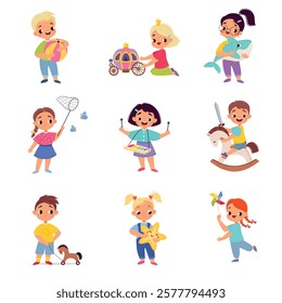 Kids Toys with Little Boy and Girl Playing Vector Set