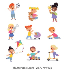 Kids Toys with Little Boy and Girl Playing Vector Set