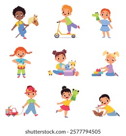 Kids Toys with Little Boy and Girl Playing Vector Set