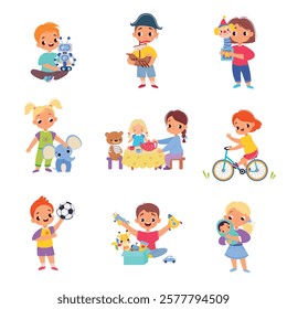 Kids Toys with Little Boy and Girl Playing Vector Set