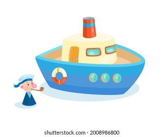 Kids toys. Marine toy ship and funny captain. In cartoon style. Isolated on white background. Vector illustration