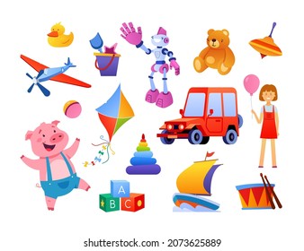 Kids toys - modern flat design style object set Neat detailed image of robot, teddy bear, car, developing toys for logic and motor skills, drum, helicopter, pig, cubes, whirligig and a happy girl