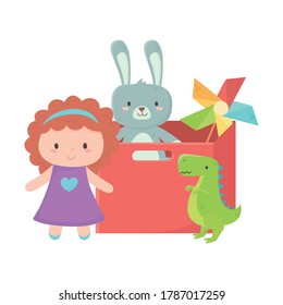 kids toys object amusing cartoon red box with teddy bear pinwheel dinosaur ball and doll vector illustration