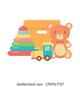 kids toys object amusing cartoon teddy bear pyramid train and cardboard box vector illustration