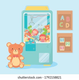 kids toys object amusing cartoon teddy picker machine alphabet numbers boards vector illustration