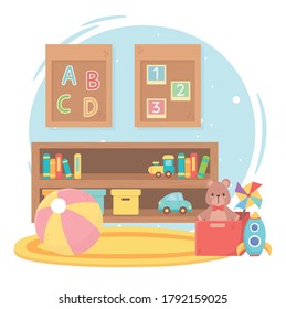 kids toys object amusing cartoon room shelf carpet bear rocket ball books and train vector illustration