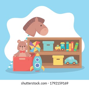 kids toys object amusing cartoon wooden shelf horse bear rocket car books and train vector illustration