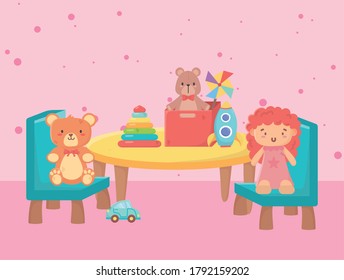 juguetes infantiles objetan divertidos sillones de mesa de dibujos animados con cohetes de caja de muñecas de oso e ilustración de vector de vehículo