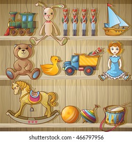Kids toys on shelves composition cartoon toys on a shelf of wooden closet vector illustration